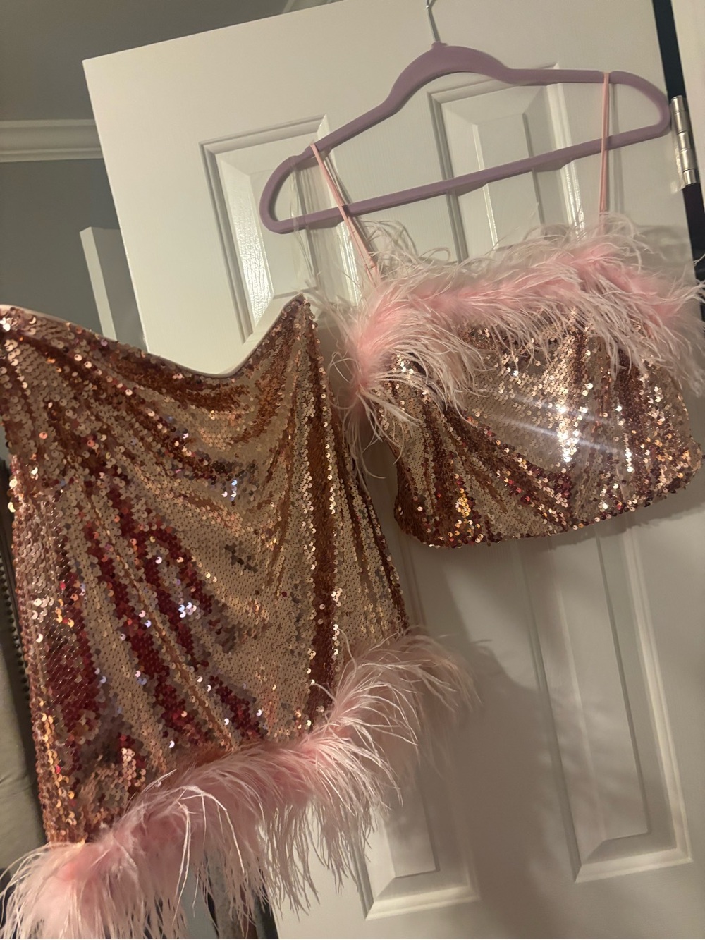 Main Strip Rose Gold Sequin Feather Trim Bandeau Set